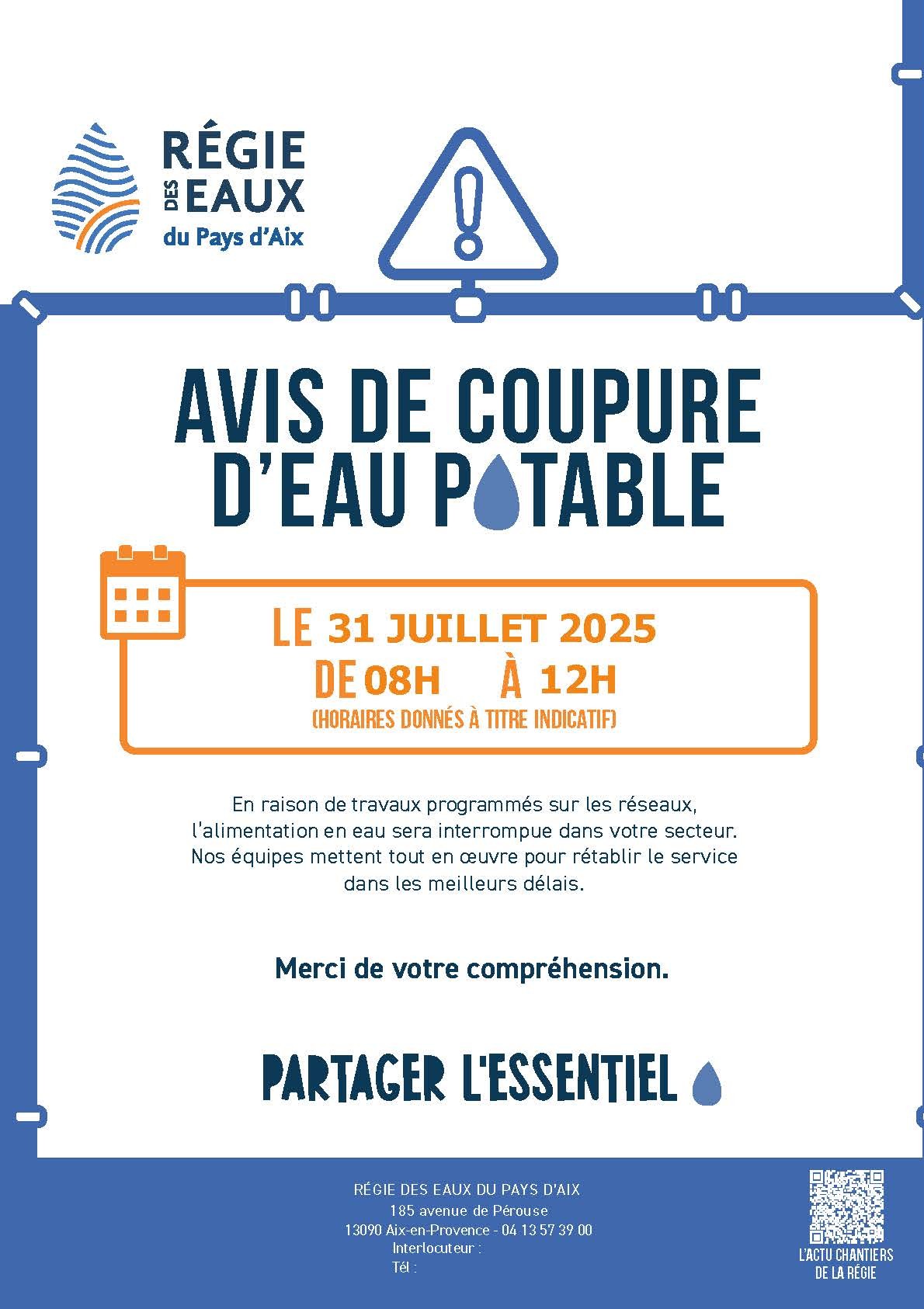 2025_COUPURE_EAU_A5_1_JOUR_VITROLLES SUD Information coupure d'eau, travaux secteur Sud- Vitrolles - juillet 2025
